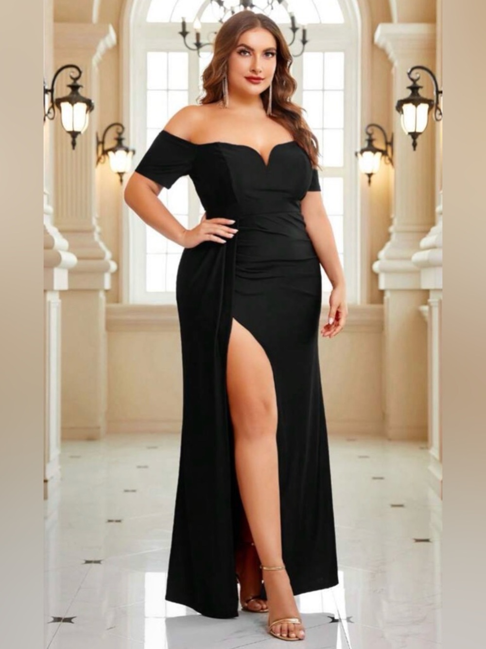 SHEIN Black Off-Shoulder Sweetheart Slit Floor Length Gown